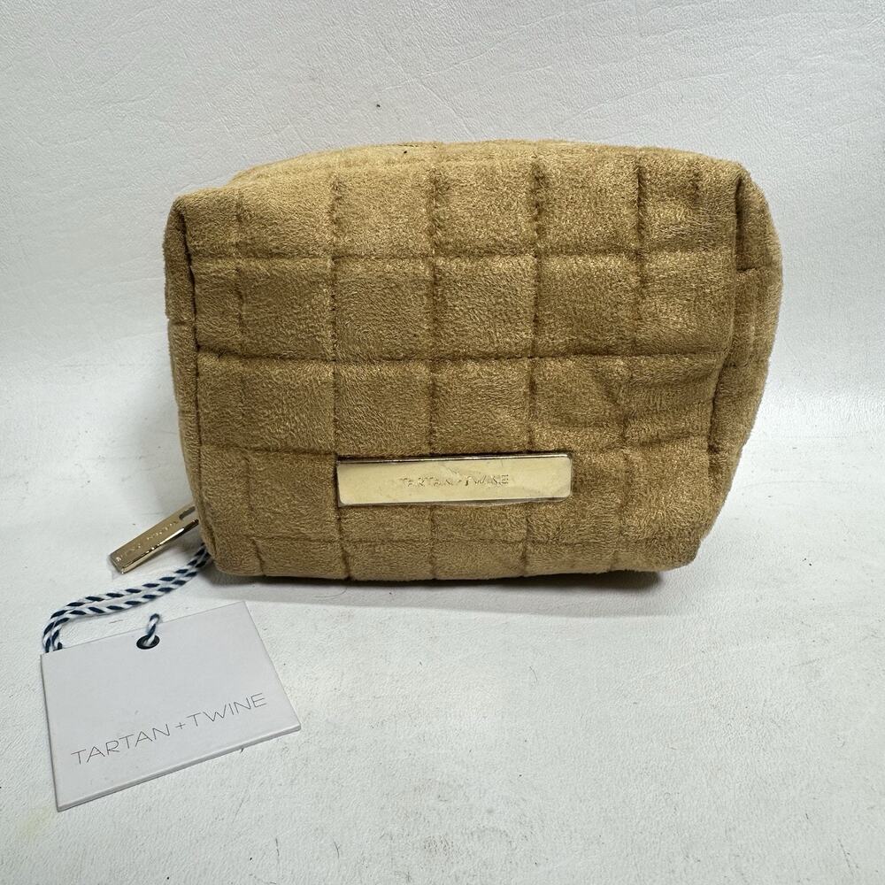 Tartan + Twine Cosmetic Makeup Bag Brown Quilted Velvet Pink Lined Travel